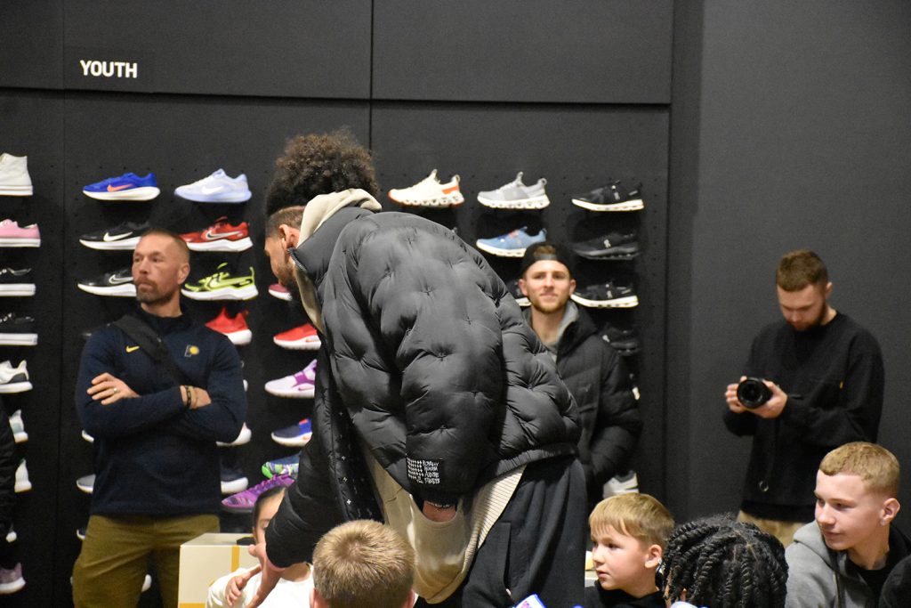 Indiana Pacers forward Obi Toppin hosting a community event at Dick's Sporting Goods on the northeast side of Indianapolis, Indiana in December of 2025.