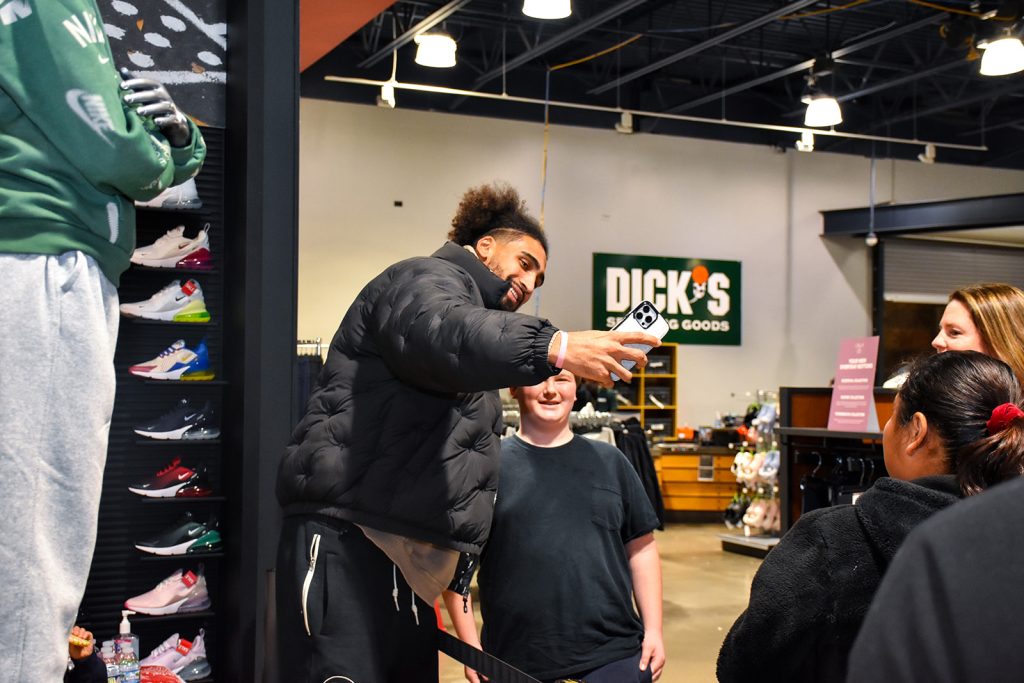 Indiana Pacers forward Obi Toppin hosting a community event at Dick's Sporting Goods on the northeast side of Indianapolis, Indiana in December of 2025.